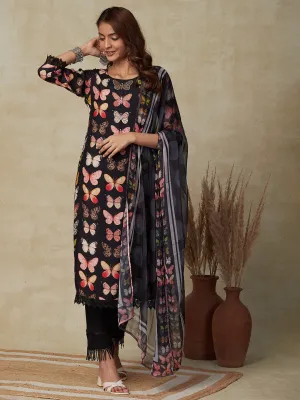 Butterfly Printed Cutdana, Beads & Mirror Embroidered Kurta with Polka Dotted Dupatta - Black