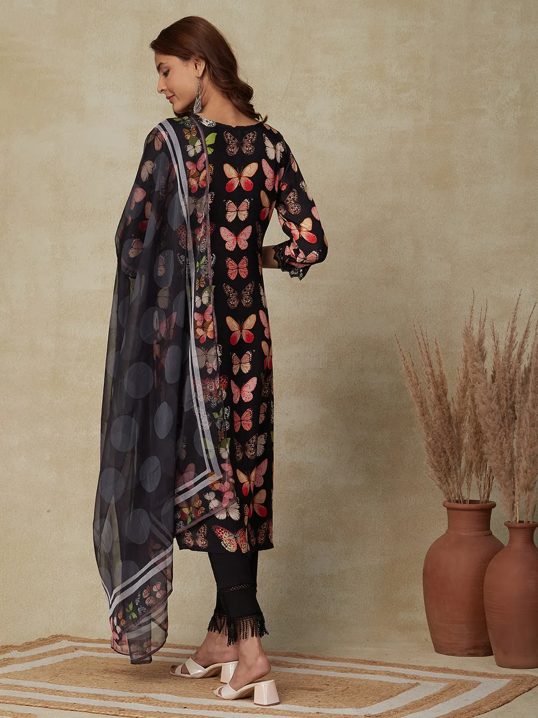 Butterfly Printed Cutdana, Beads & Mirror Embroidered Kurta with Polka Dotted Dupatta - Black