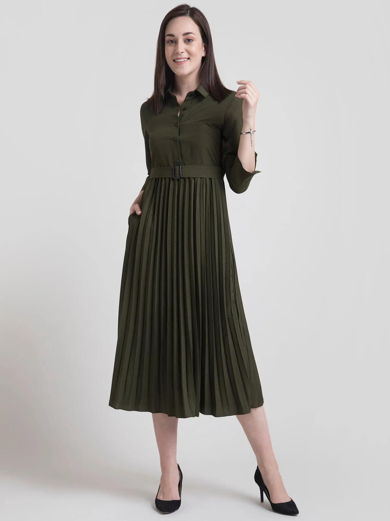 Collared Pleated Fit and Flare Dress - Olive