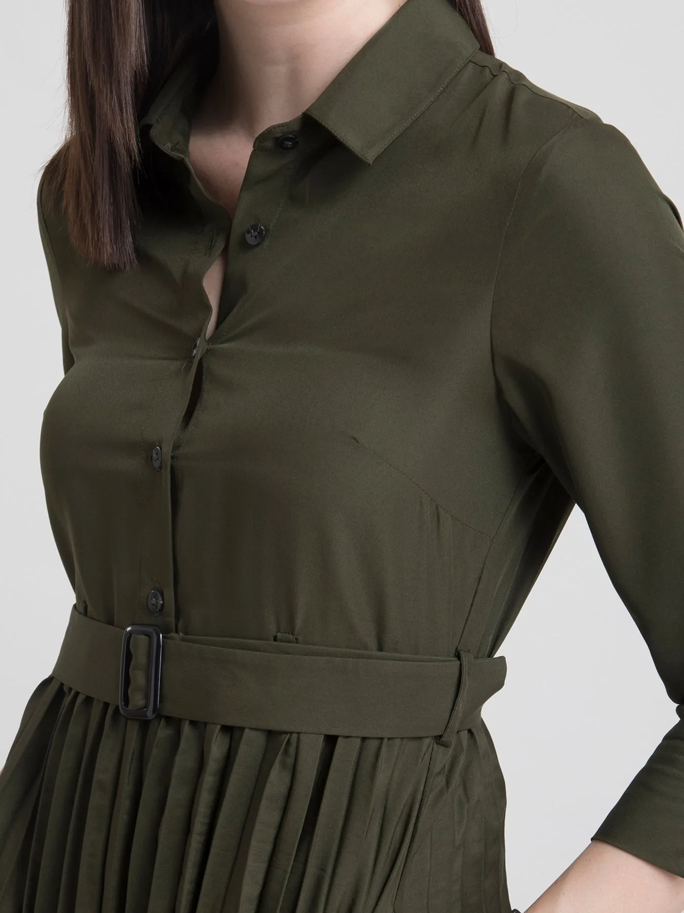 Collared Pleated Fit and Flare Dress - Olive