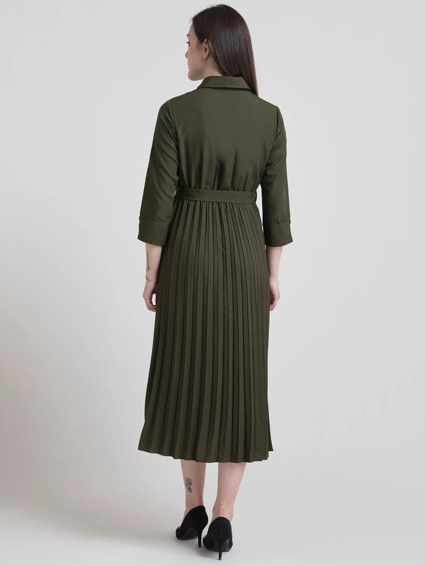 Collared Pleated Fit and Flare Dress - Olive