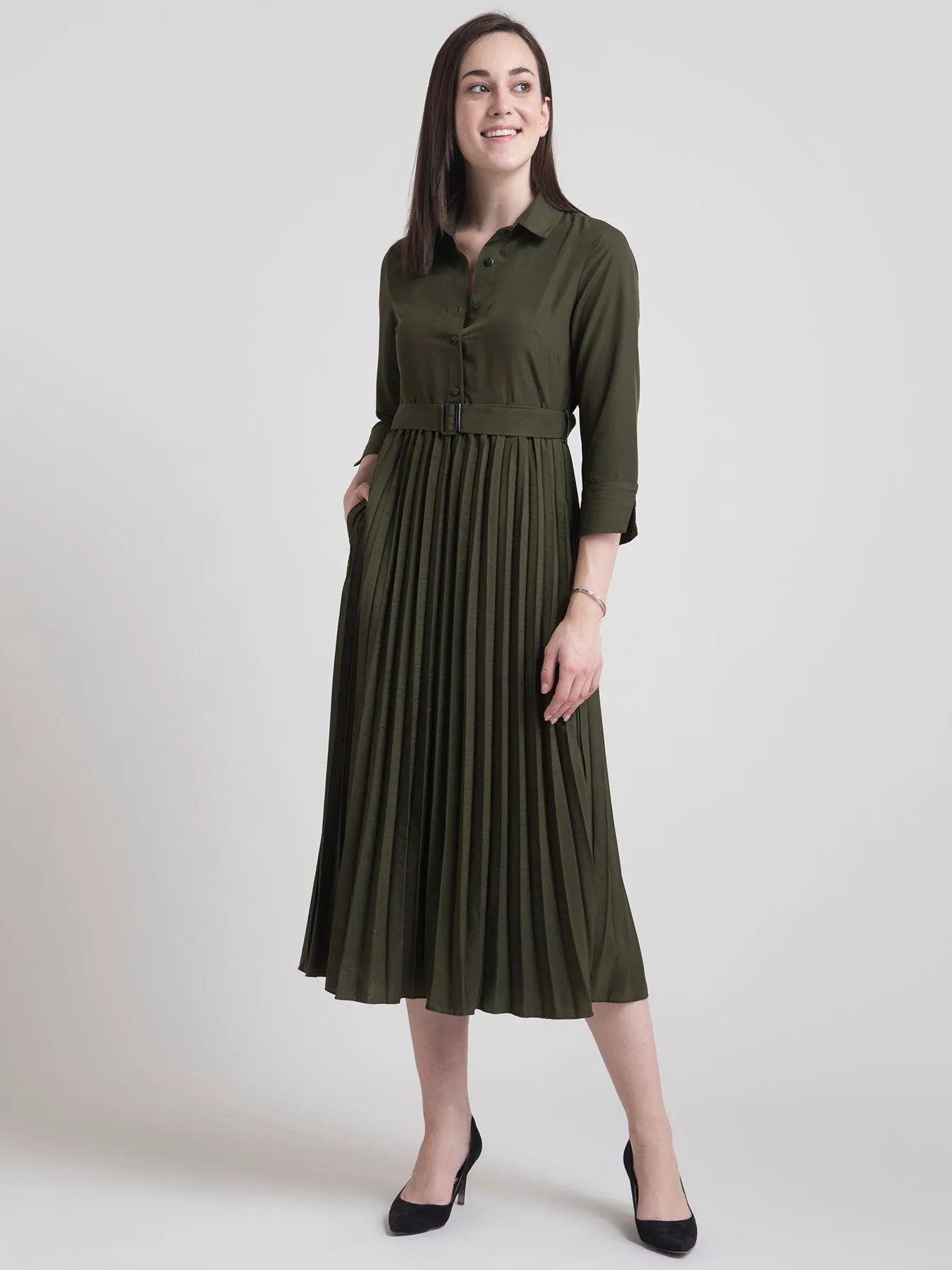 Collared Pleated Fit and Flare Dress - Olive