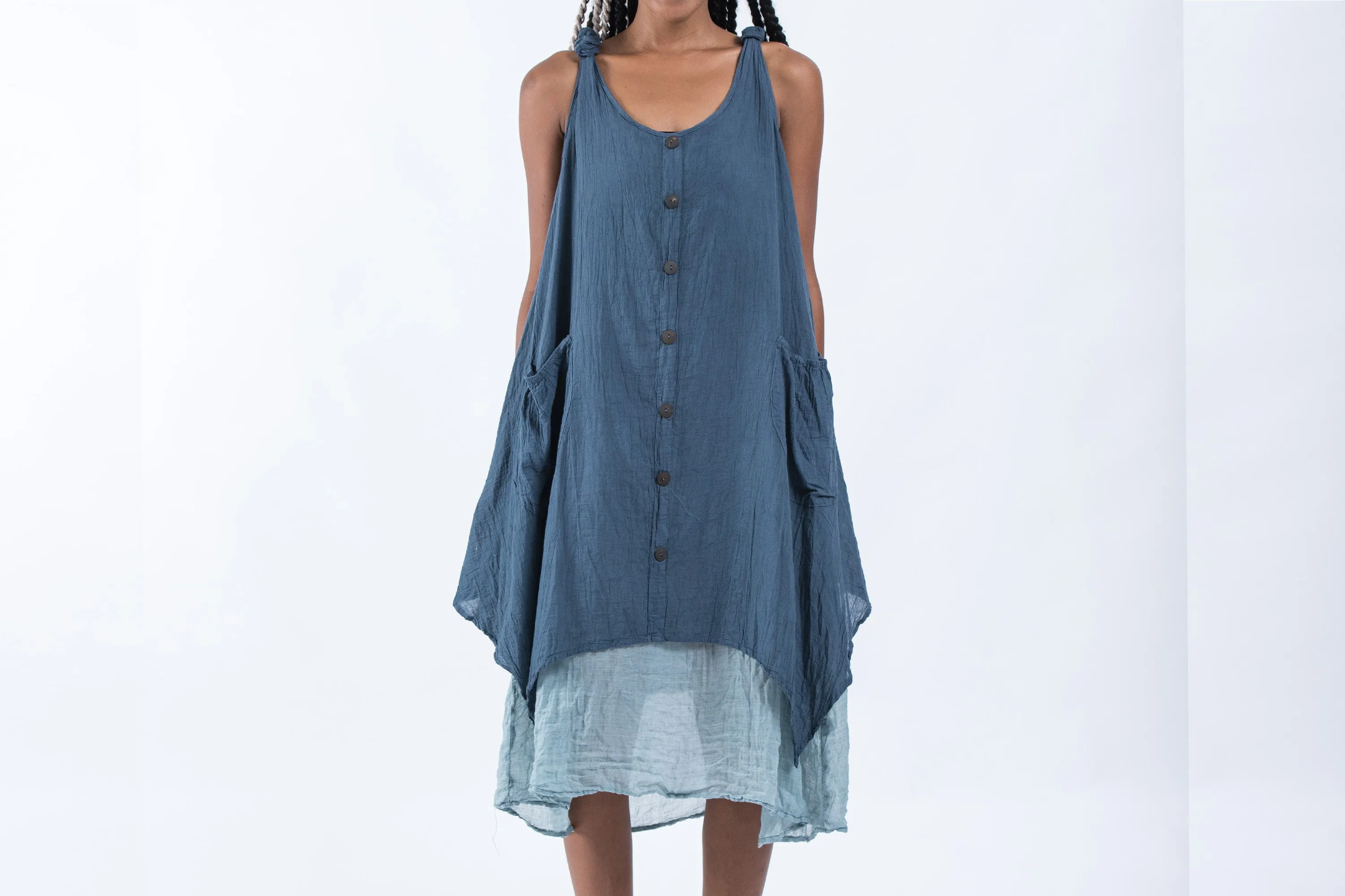 Crinkled Hill Tribe Cotton Tank Dress in Blue