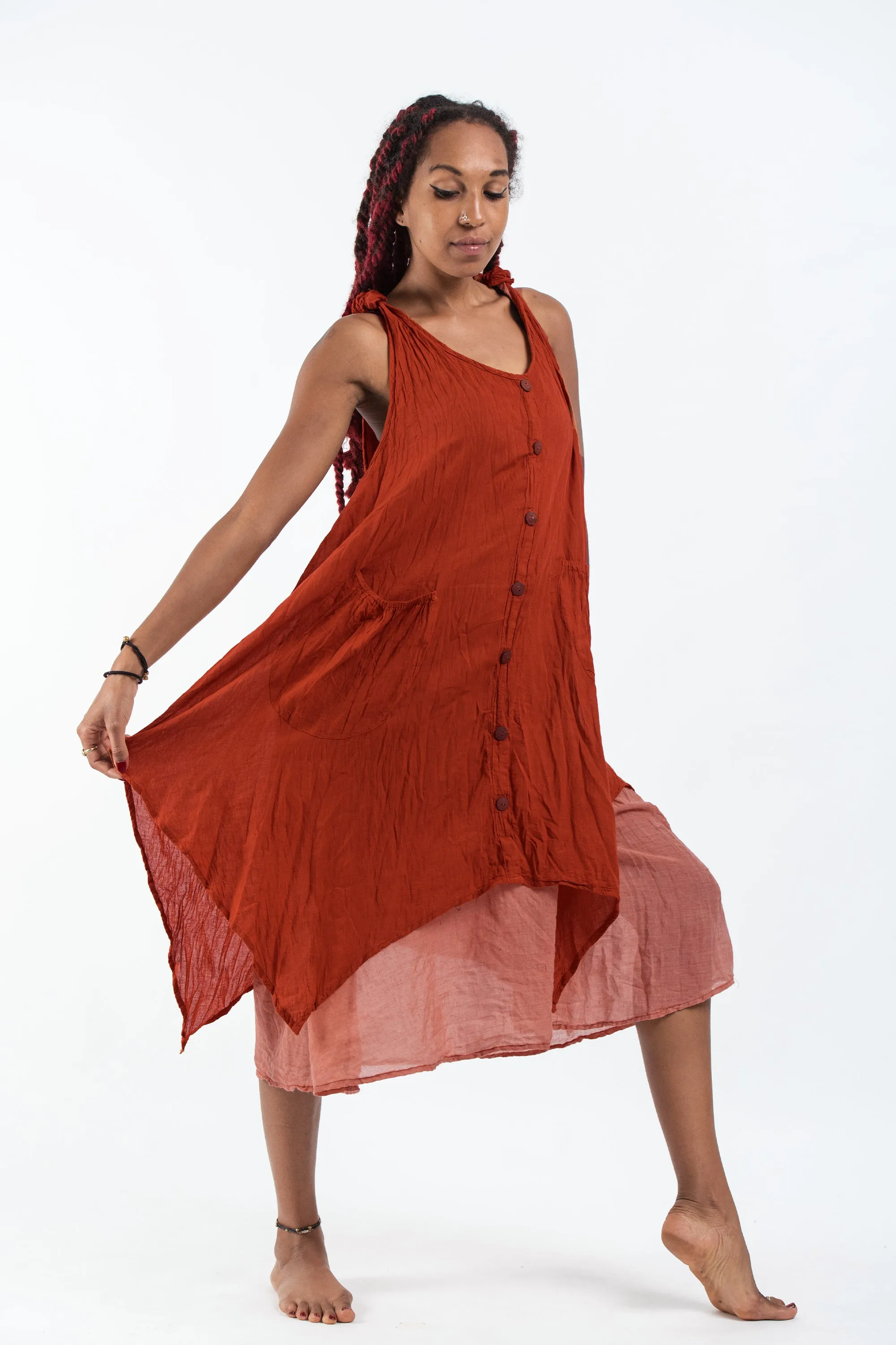 Crinkled Hill Tribe Cotton Tank Dress in Brick