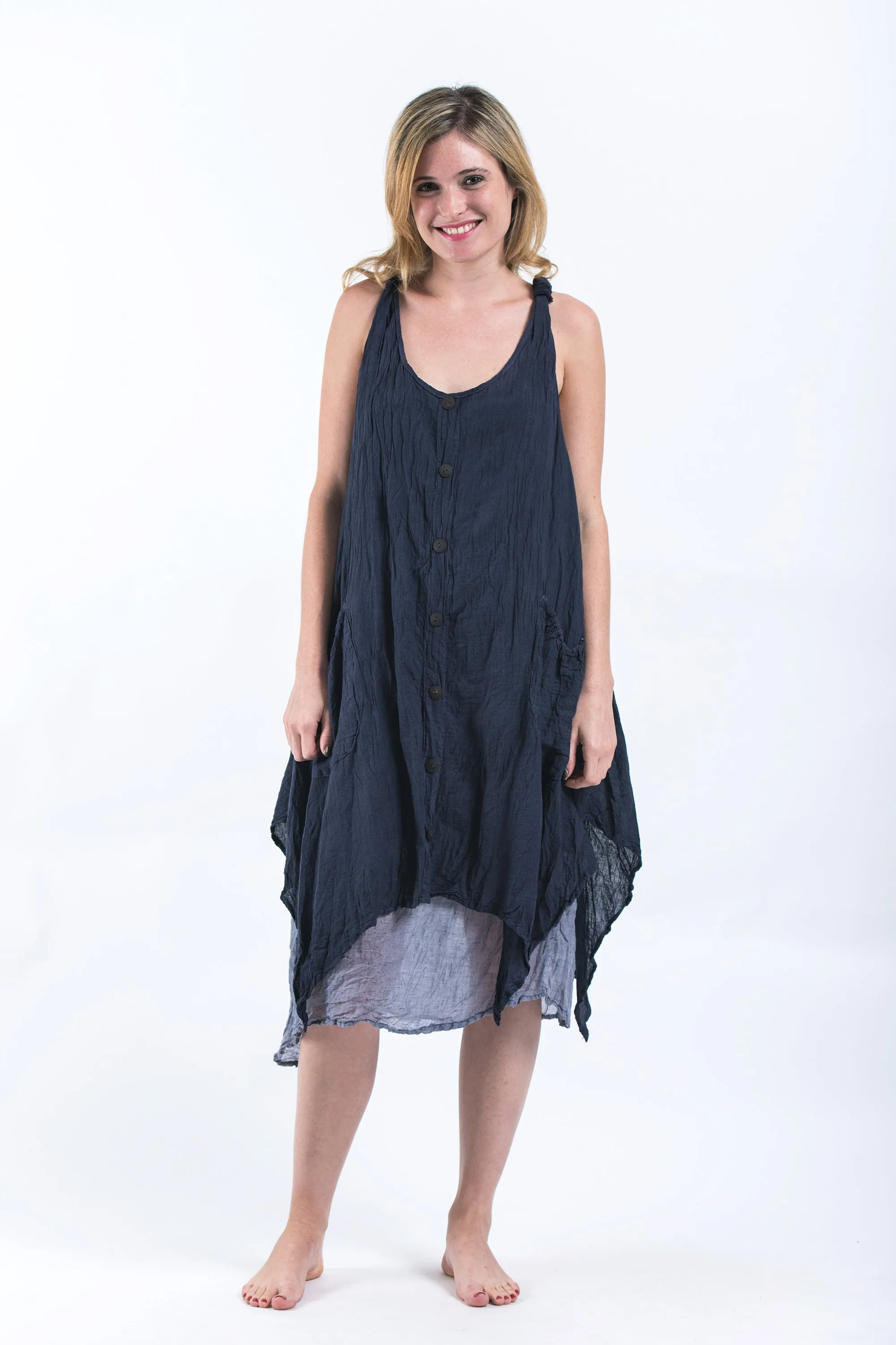 Crinkled Hill Tribe Cotton Tank Dress in Dark Navy