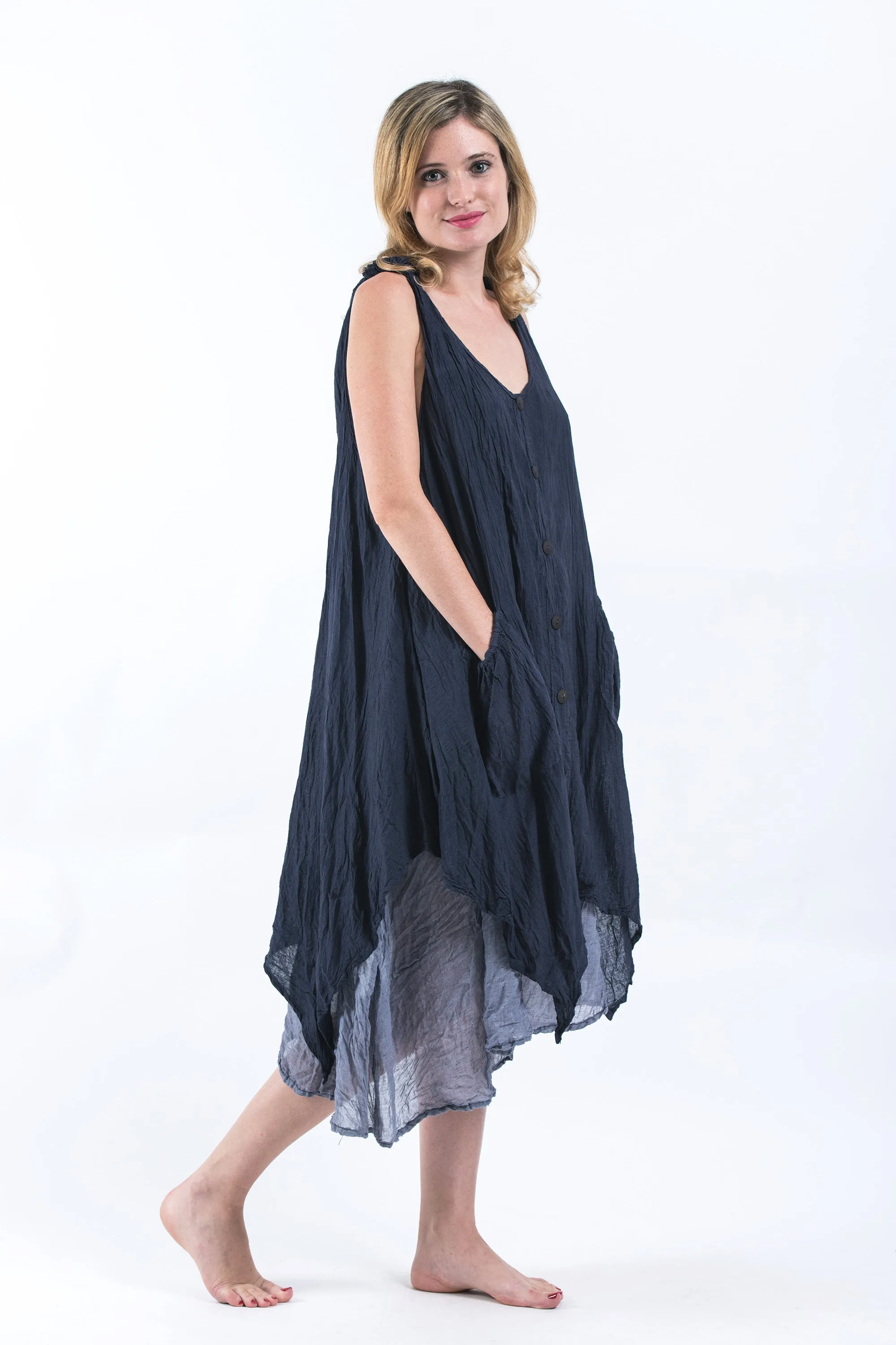 Crinkled Hill Tribe Cotton Tank Dress in Dark Navy