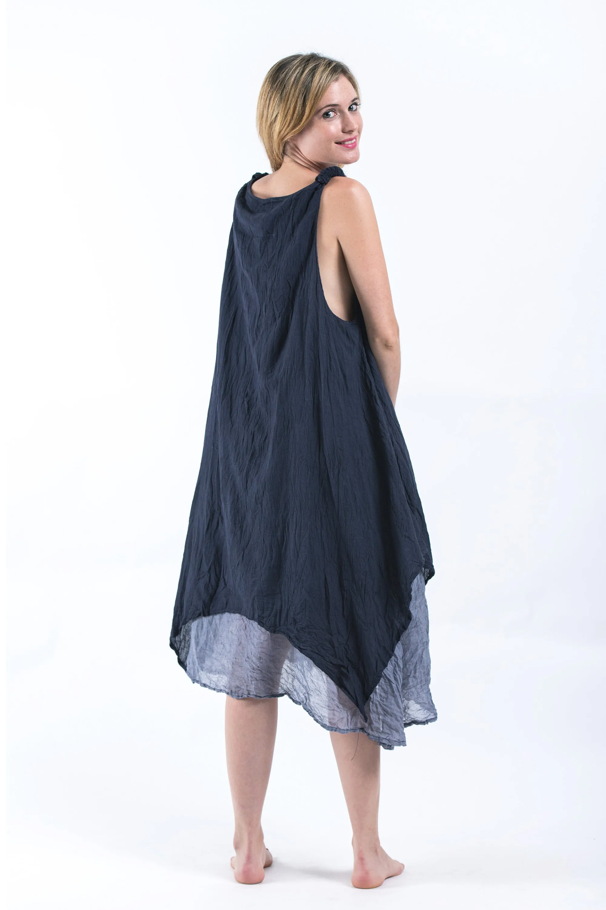 Crinkled Hill Tribe Cotton Tank Dress in Dark Navy