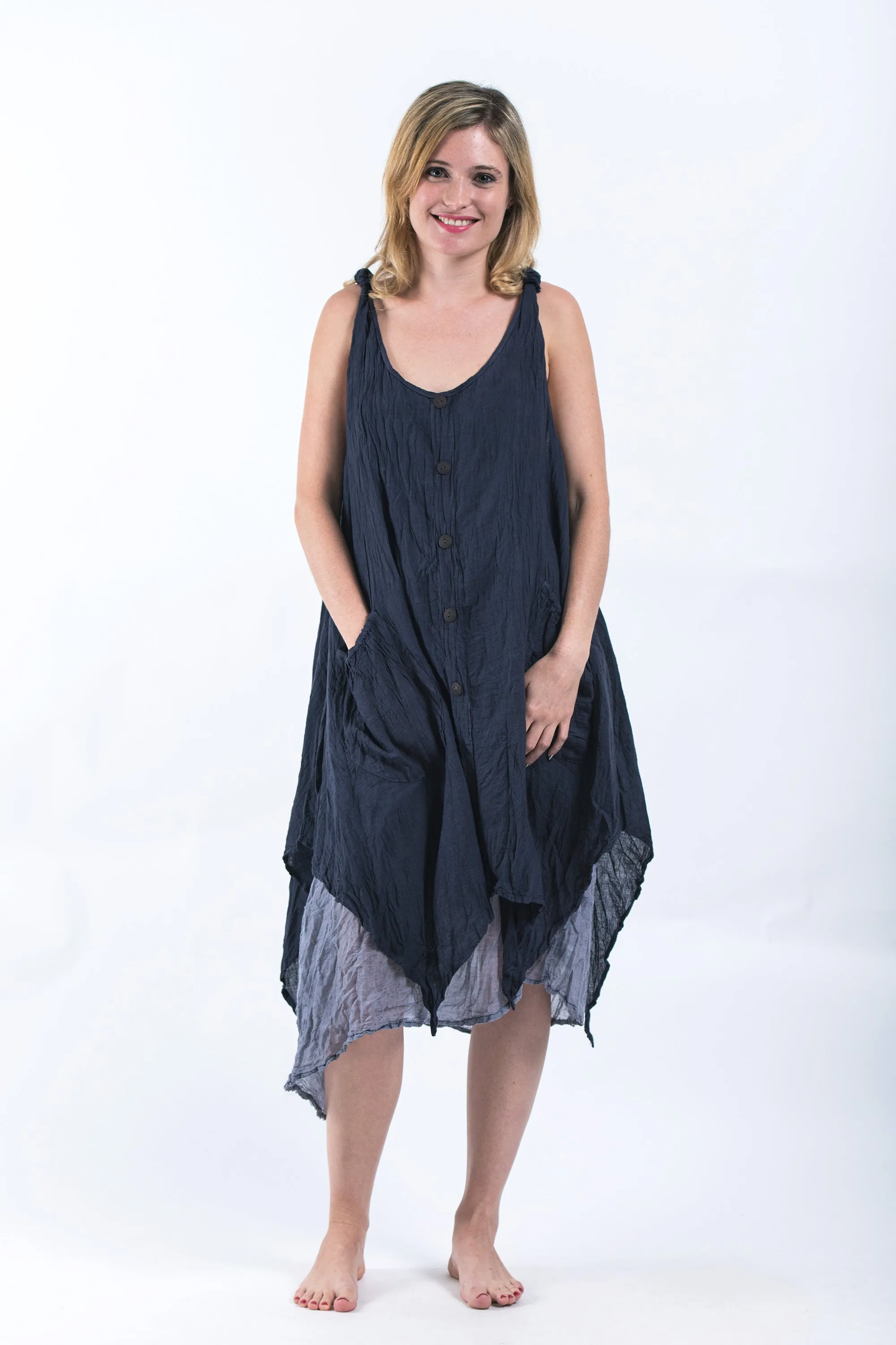 Crinkled Hill Tribe Cotton Tank Dress in Dark Navy