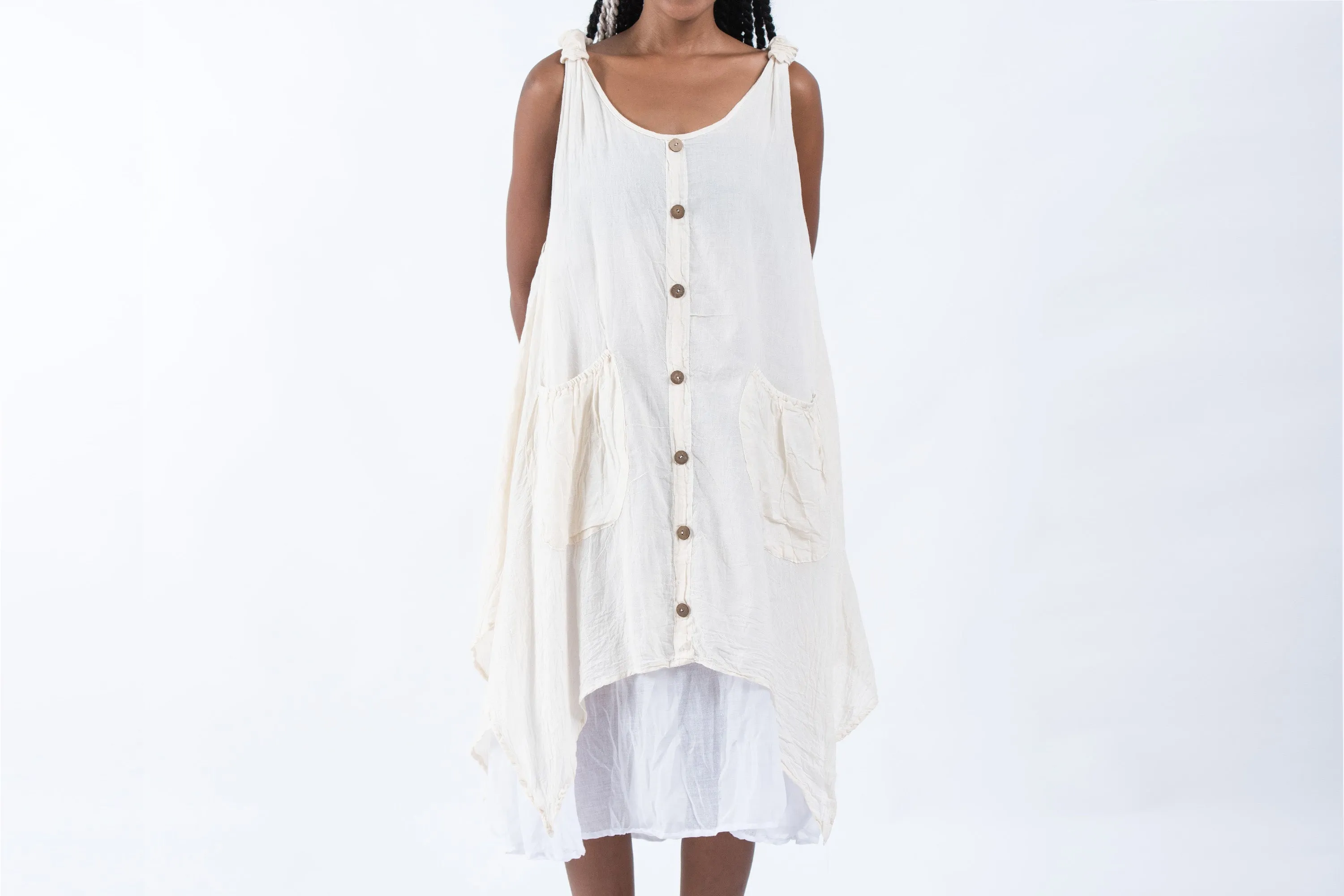 Crinkled Hill Tribe Cotton Tank Dress in Off White