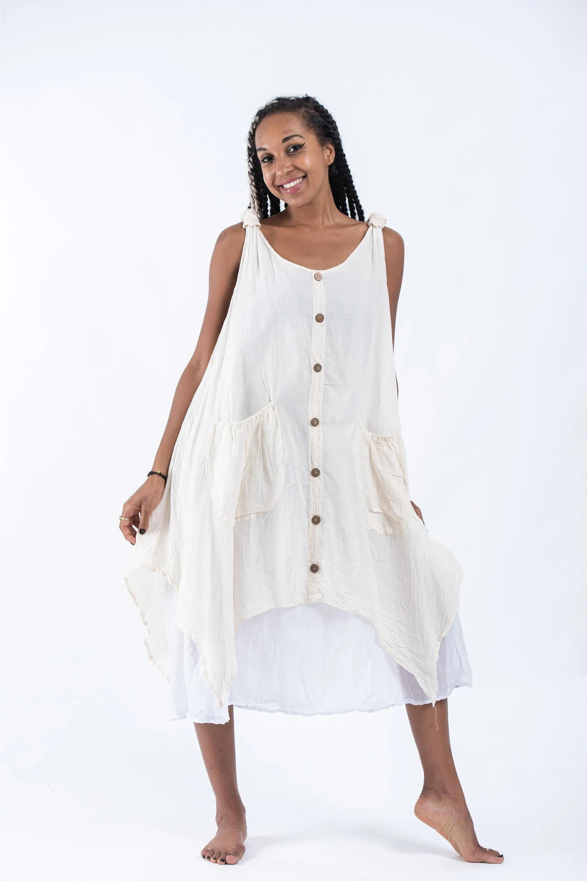 Crinkled Hill Tribe Cotton Tank Dress in Off White