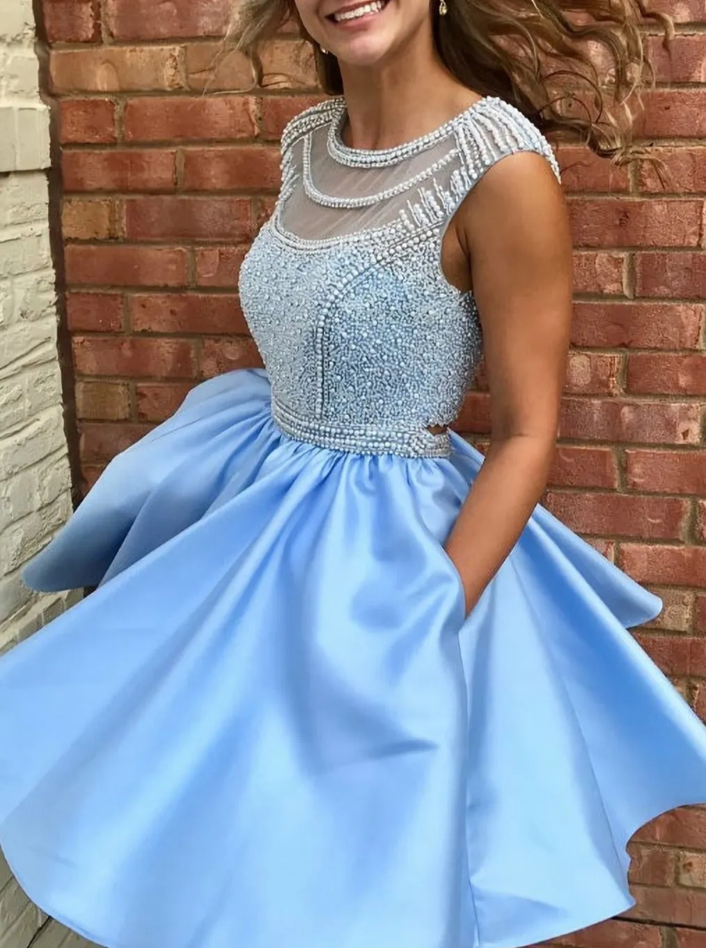 Cute Sparkly Beads Blue Short With Pockets Prom Dresses