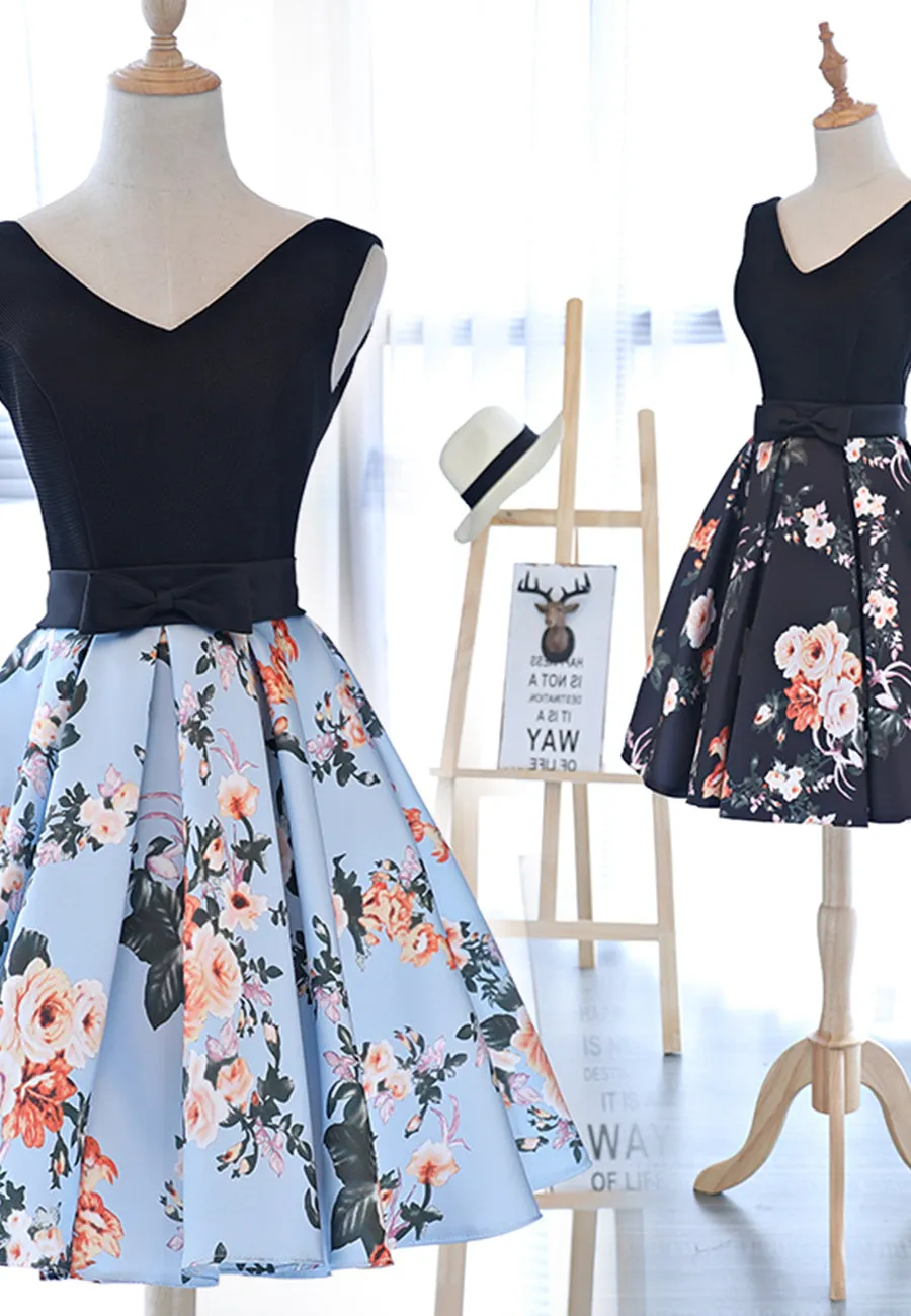 Cute V-Neck Floral Prom Dresses A-Line Homecoming Dresses