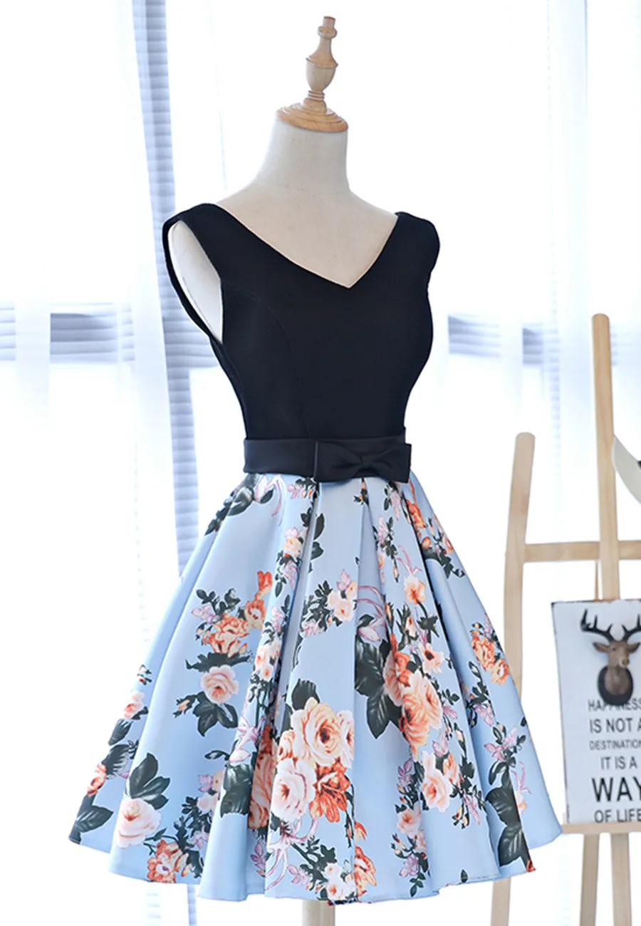 Cute V-Neck Floral Prom Dresses A-Line Homecoming Dresses