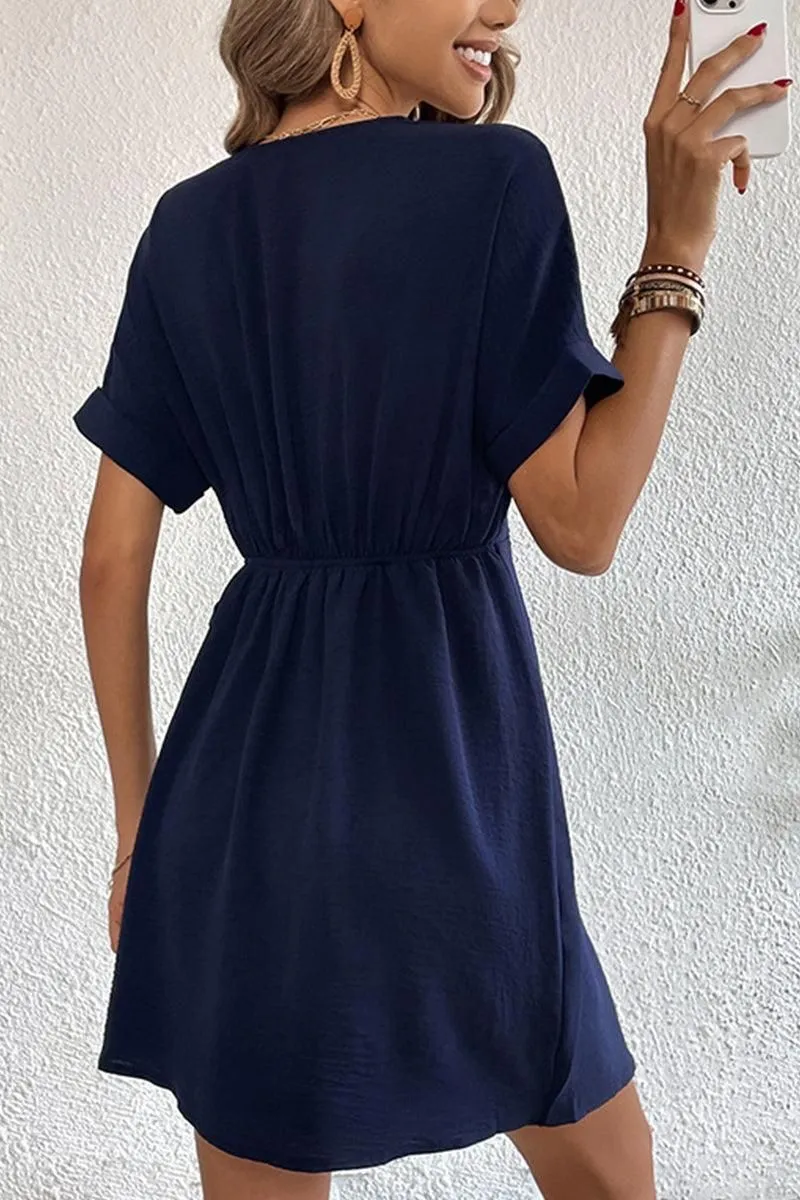 DEEP V NECK ROLL UP SLEEVE SIDE TIED WRAP DRESS