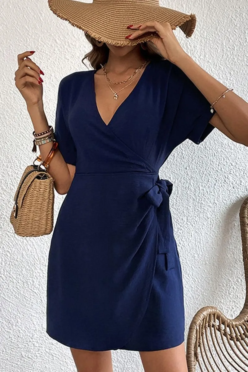 DEEP V NECK ROLL UP SLEEVE SIDE TIED WRAP DRESS