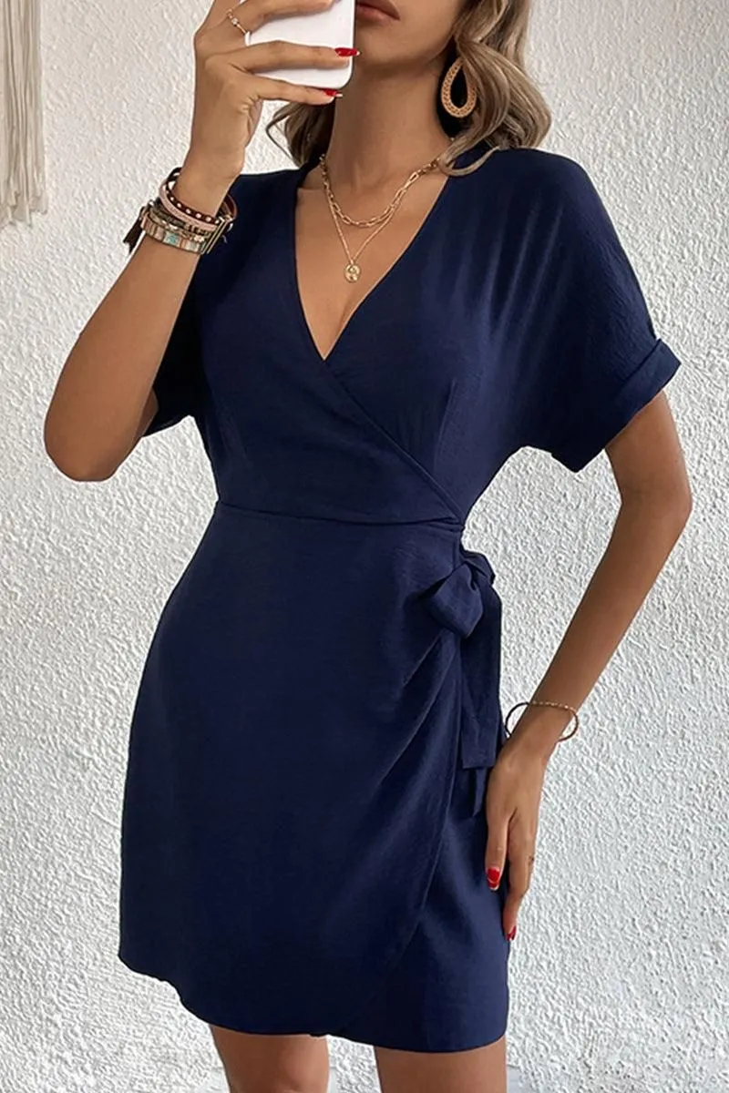 DEEP V NECK ROLL UP SLEEVE SIDE TIED WRAP DRESS