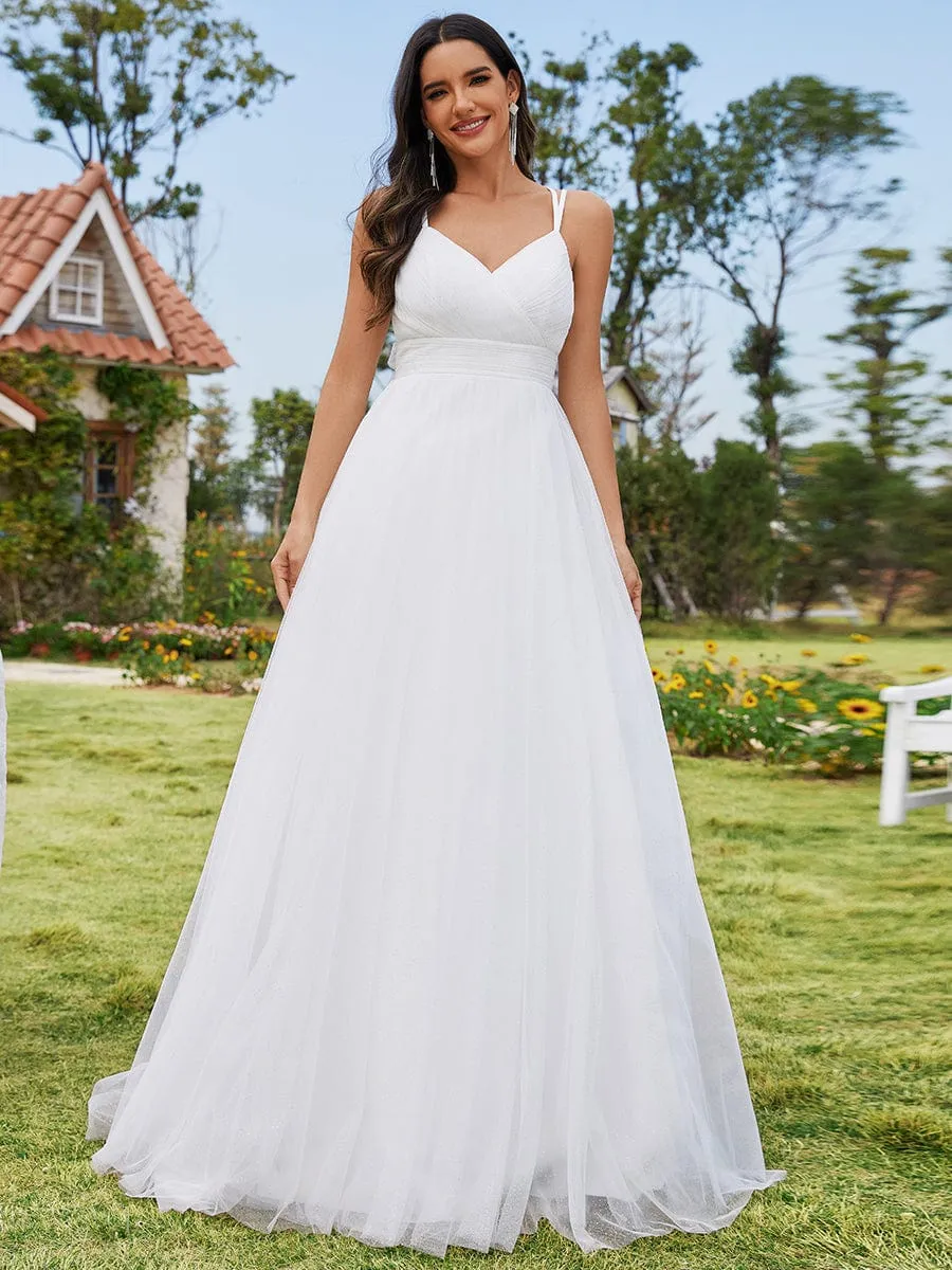 Delicate Bow Back Spaghetti Strap A-Line Wedding Dress with V-Neck