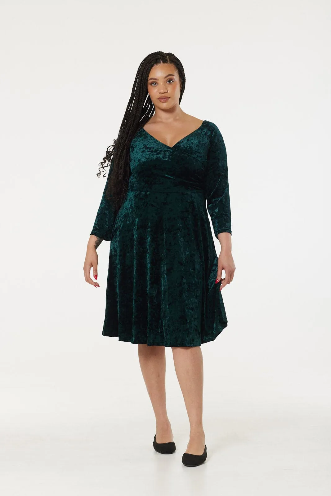 Dovey Festive Green Velvet Midi Fit and Flare Swing Dress