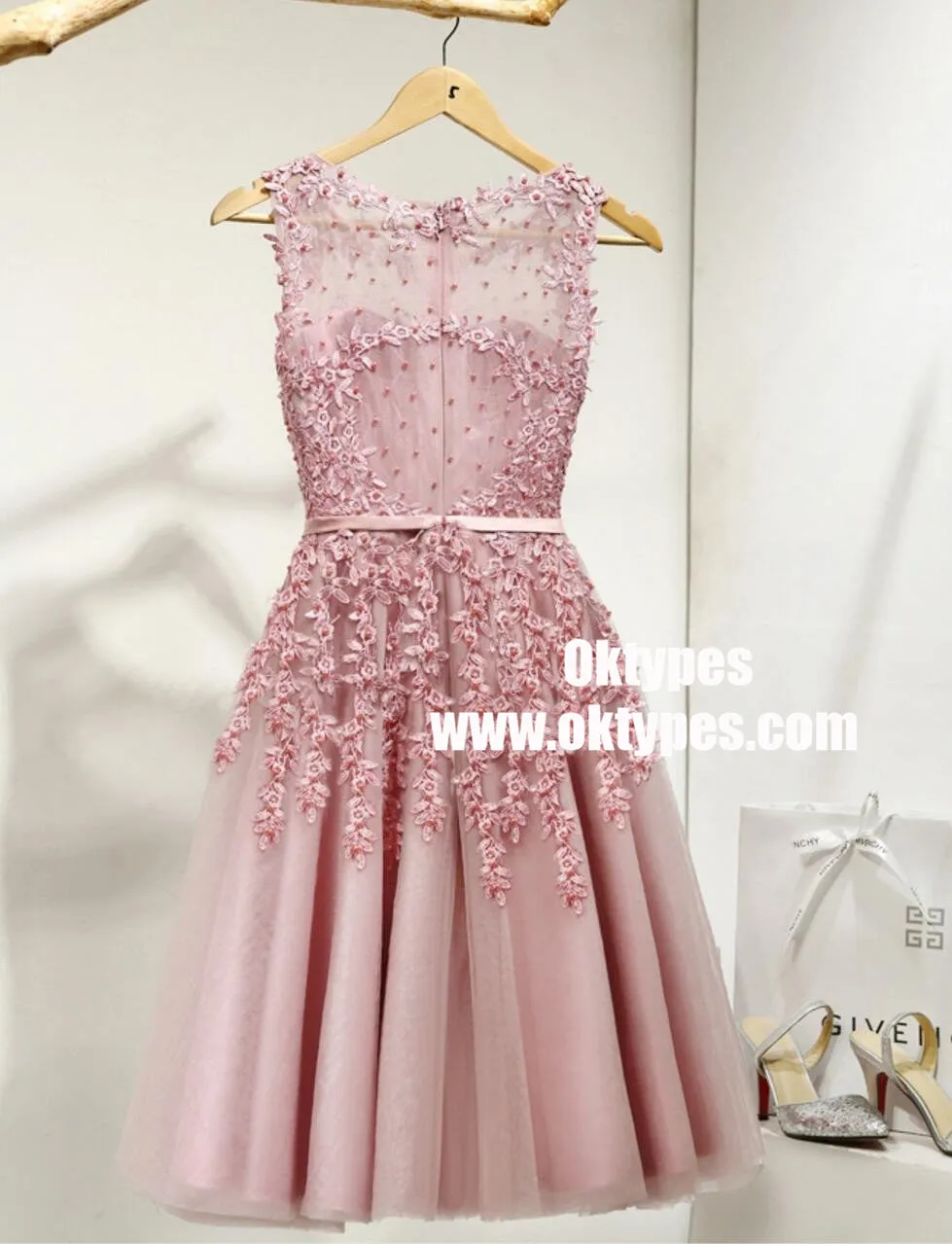 Dusty Pink Lace Beaded See Through Homecoming Prom Dresses, TYP0904