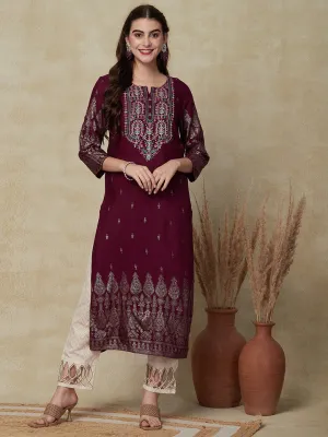 Ethnic & Floral Foil Printed Resham Embroidered Kurta - Dark Mauve