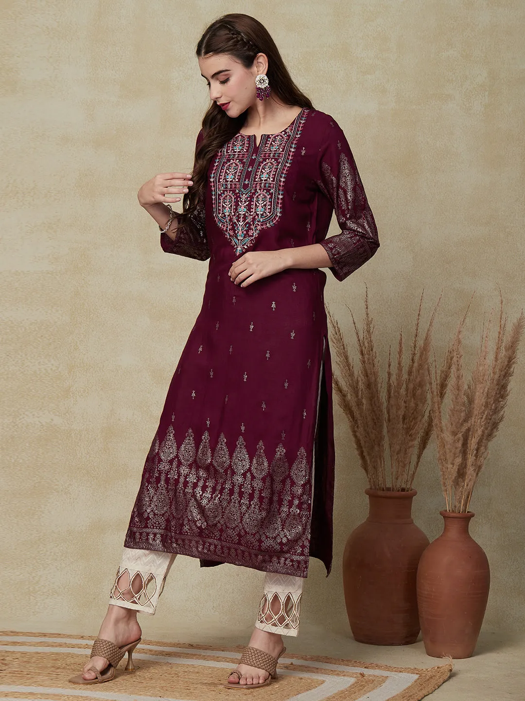 Ethnic & Floral Foil Printed Resham Embroidered Kurta - Dark Mauve