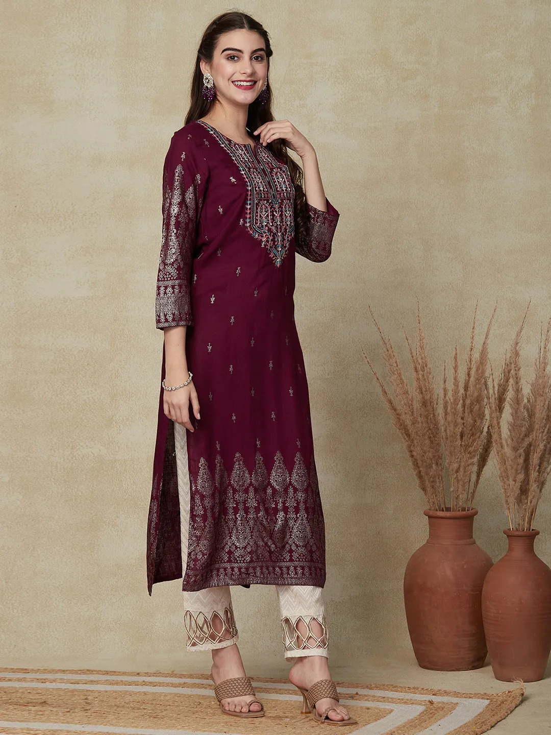 Ethnic & Floral Foil Printed Resham Embroidered Kurta - Dark Mauve