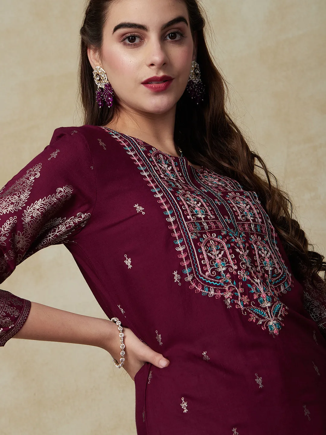 Ethnic & Floral Foil Printed Resham Embroidered Kurta - Dark Mauve