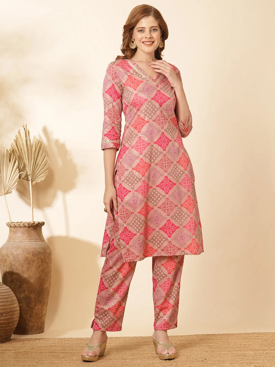 Ethnic Bandhani Foil Printed Straight Fit Co-ord Set - Multi