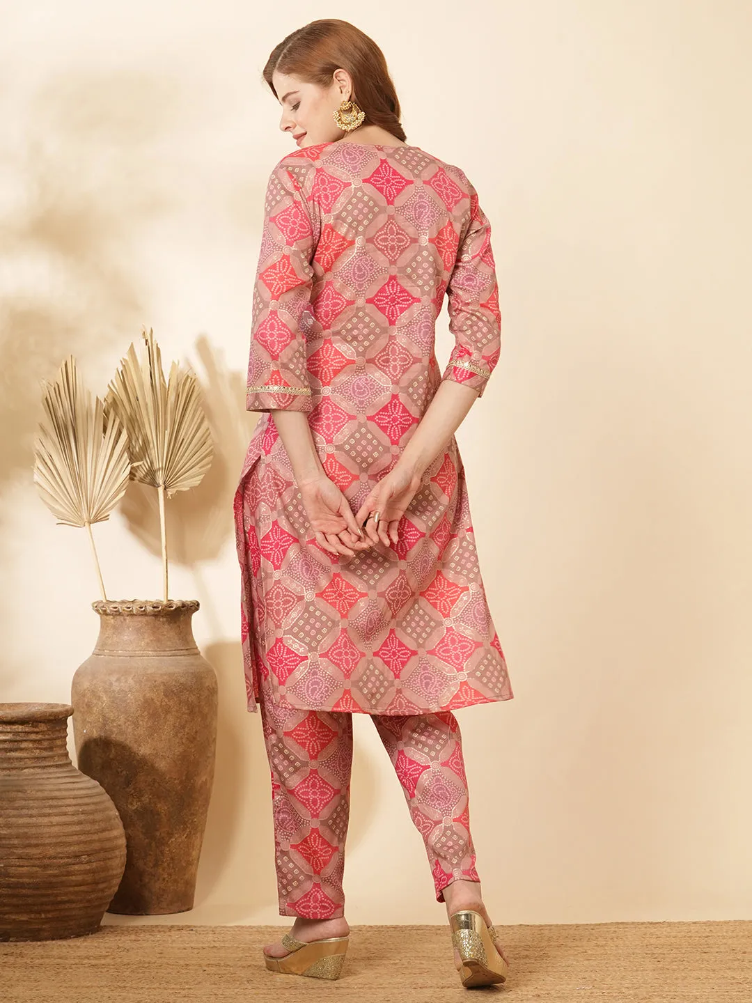 Ethnic Bandhani Foil Printed Straight Fit Co-ord Set - Multi