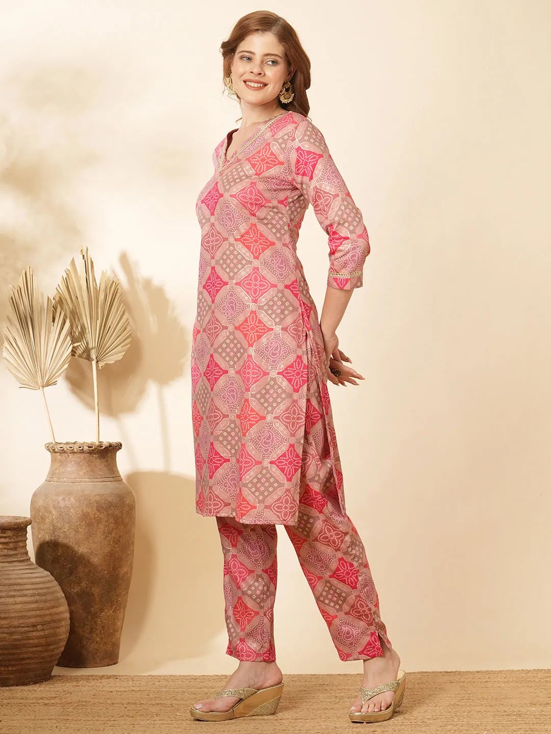 Ethnic Bandhani Foil Printed Straight Fit Co-ord Set - Multi