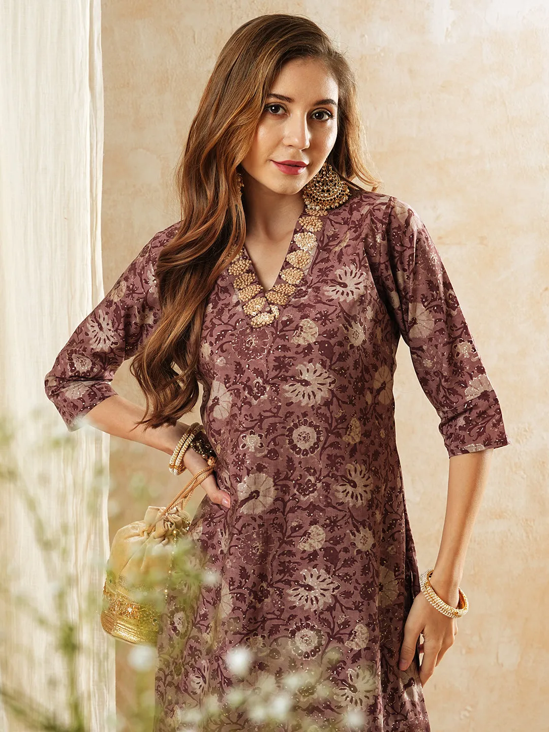 Ethnic Floral Foil Printed & Embroidered Straight Fit Kurta - Mauve