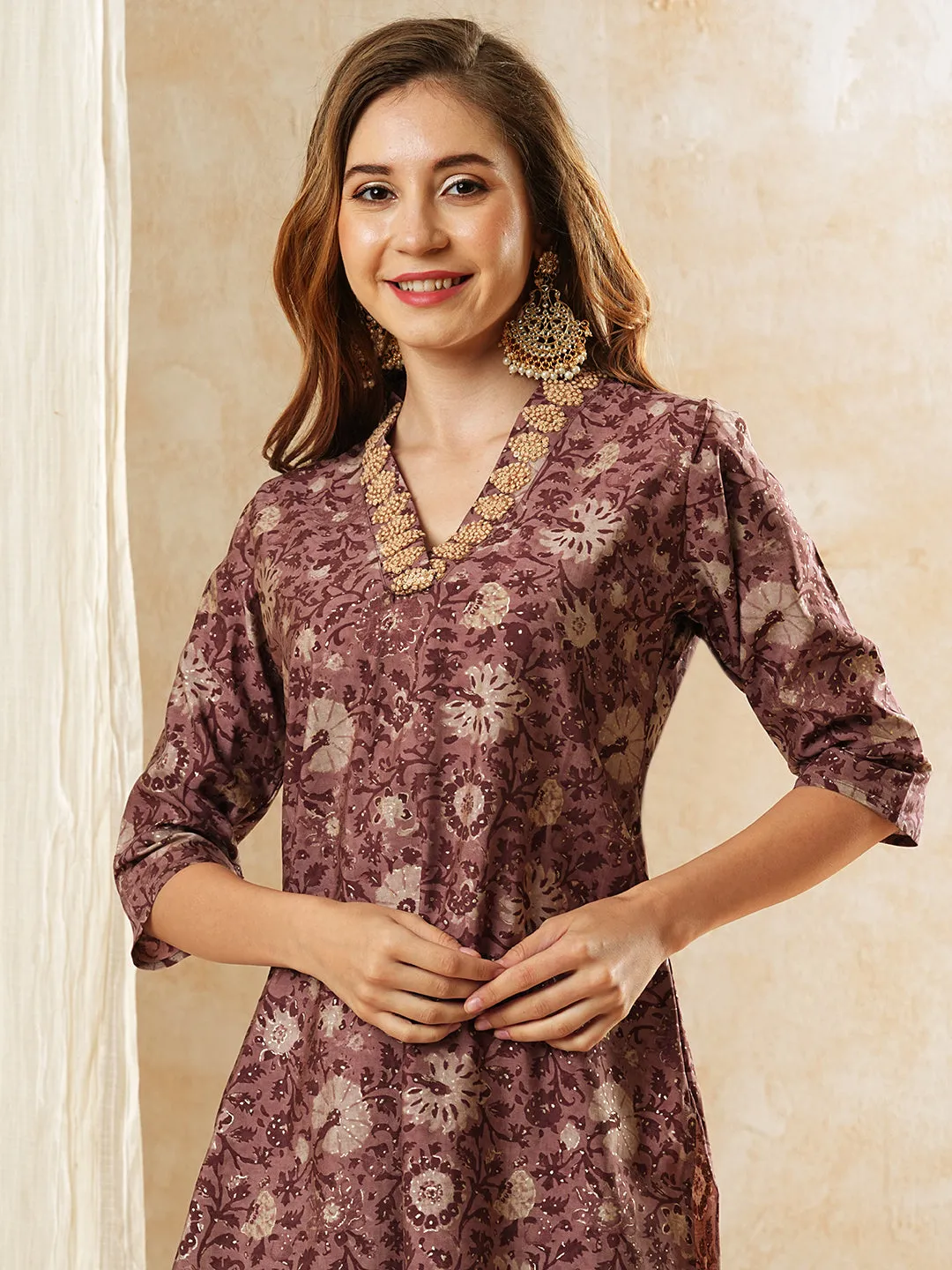 Ethnic Floral Foil Printed & Embroidered Straight Fit Kurta - Mauve