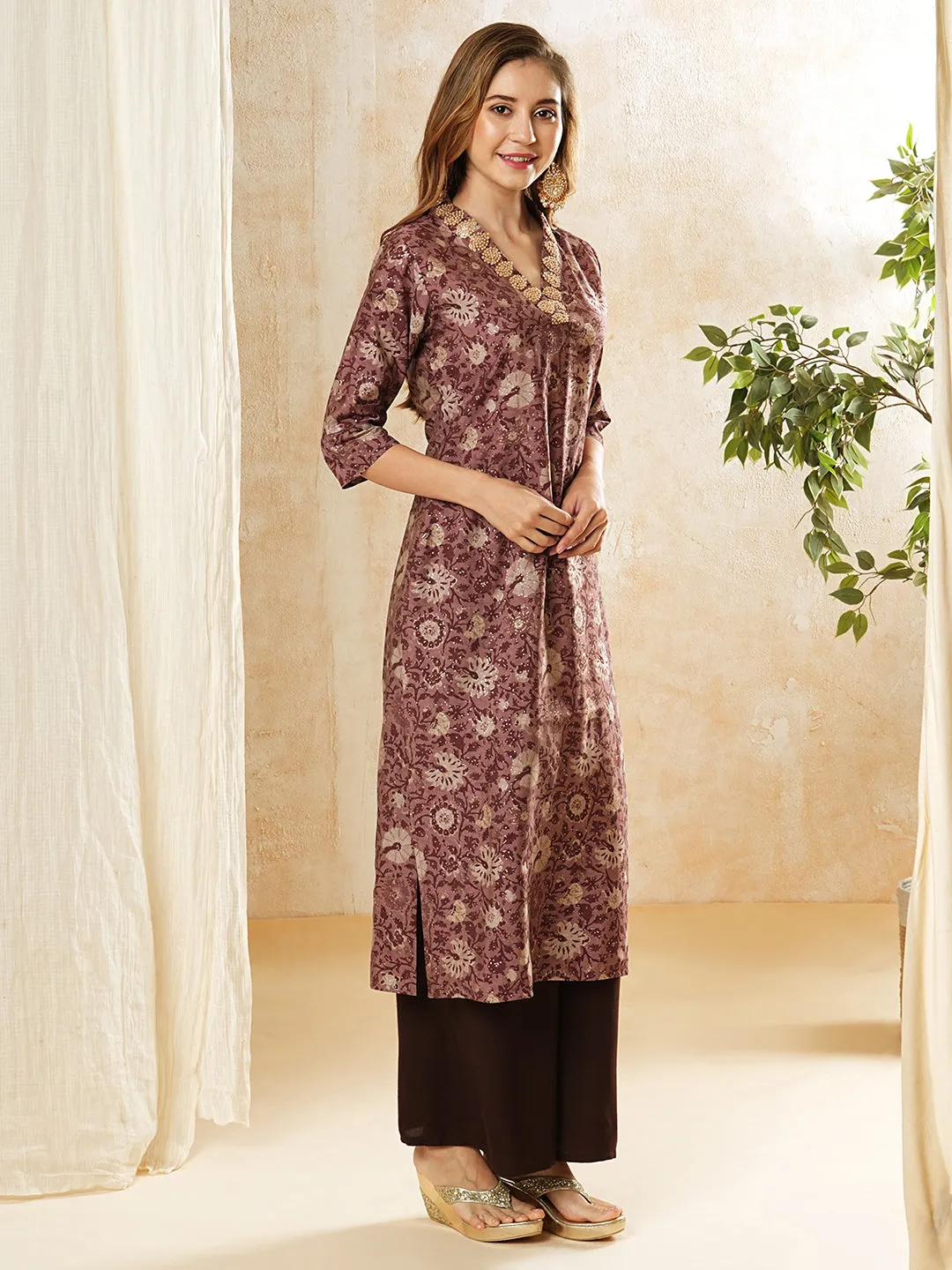 Ethnic Floral Foil Printed & Embroidered Straight Fit Kurta - Mauve