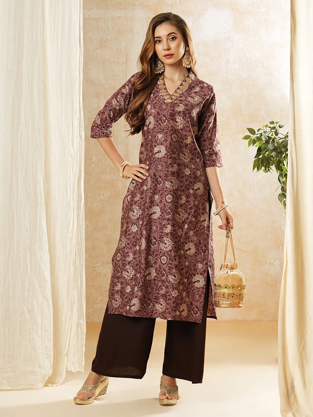 Ethnic Floral Foil Printed & Embroidered Straight Fit Kurta - Mauve