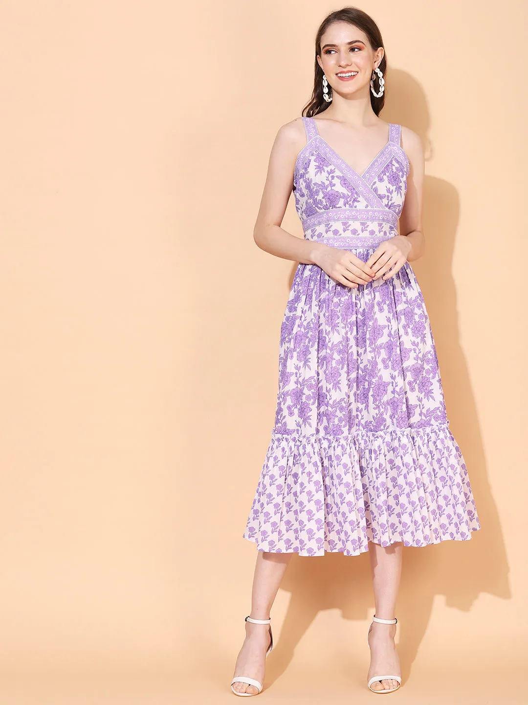 Ethnic Floral Printed A-Line Fit & Flare Midi Cotton Dress - Lavender