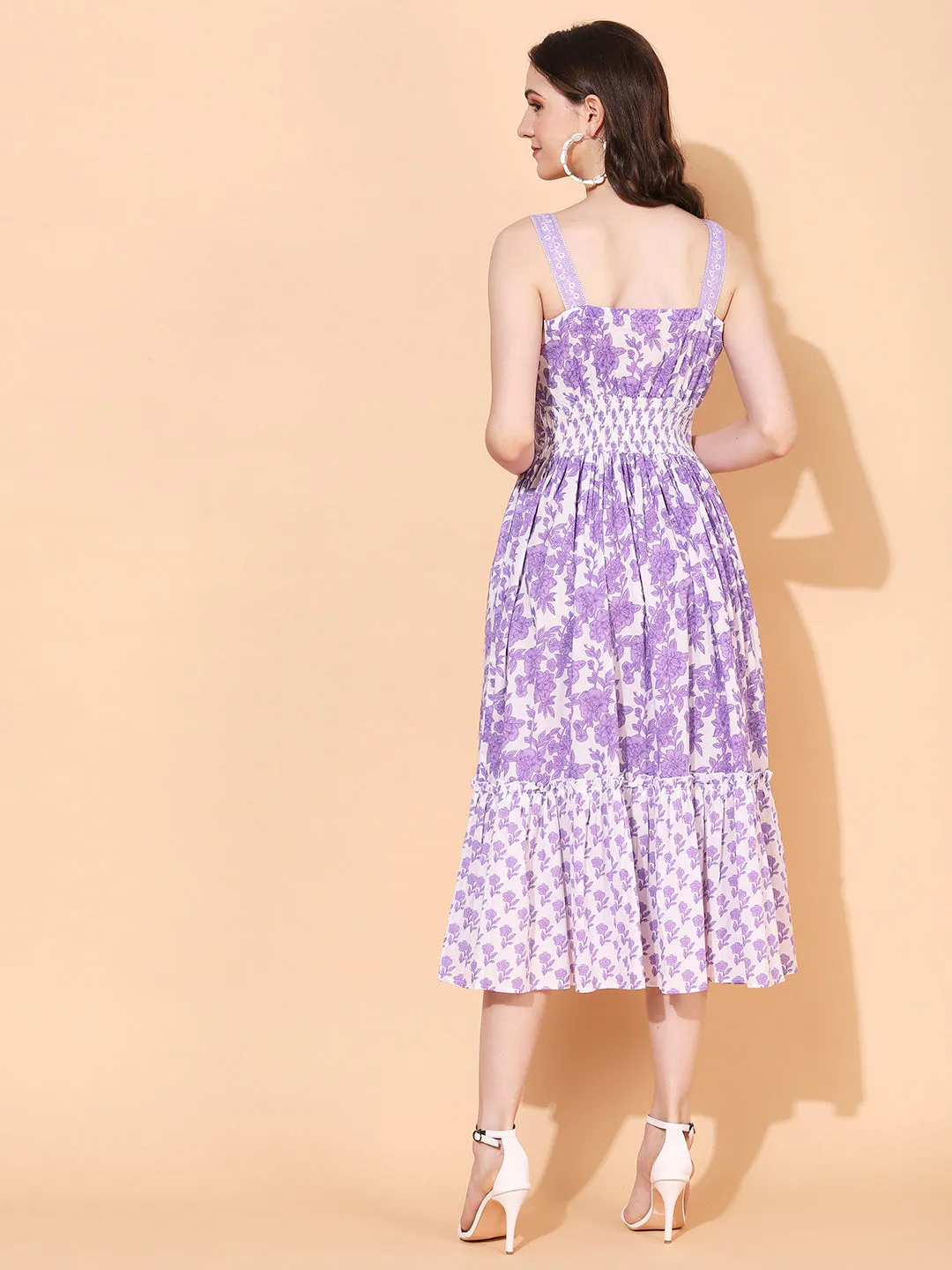 Ethnic Floral Printed A-Line Fit & Flare Midi Cotton Dress - Lavender