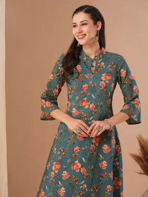 Ethnic Floral Printed A-Line Kurta with Pant - Green