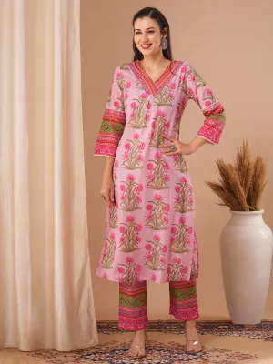 Ethnic Floral Printed Straight Fit Kurta with Pant - Pink