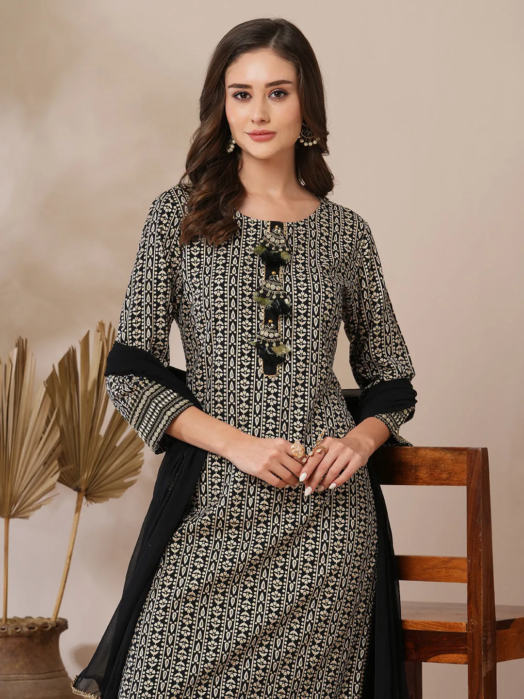 Ethnic Floral Stripes Printed Straight Fit Kurta with Pant and Dupatta - Black