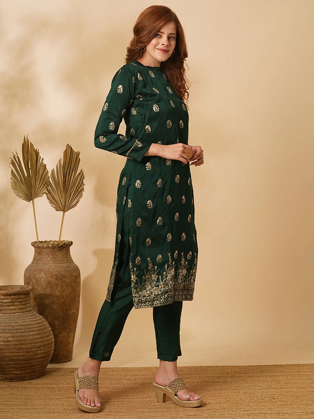 Ethnic Floral Zari Jacquard Straight Fit Kurta with Pant - Green