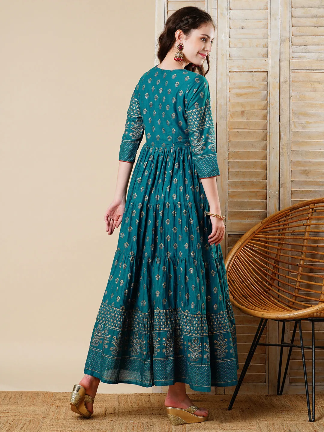 Ethnic Foil Printed & Embroidered A-Line Tiered Maxi Dress - Teal Blue