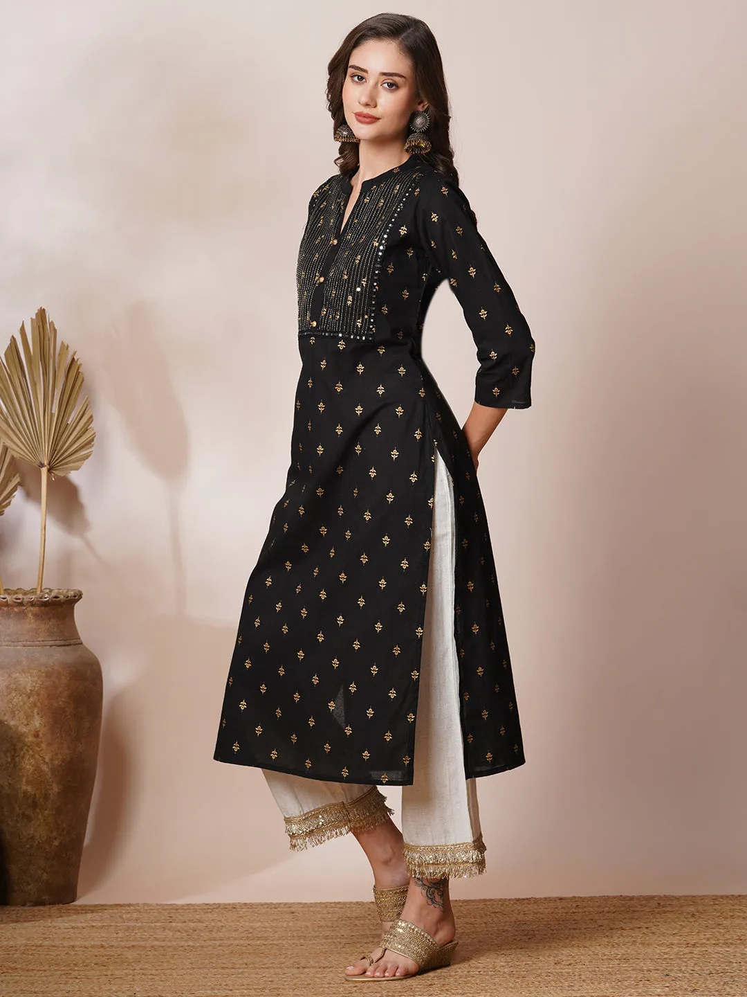 Ethnic Foil Printed & Embroidered Straight Fit Kurta - Black