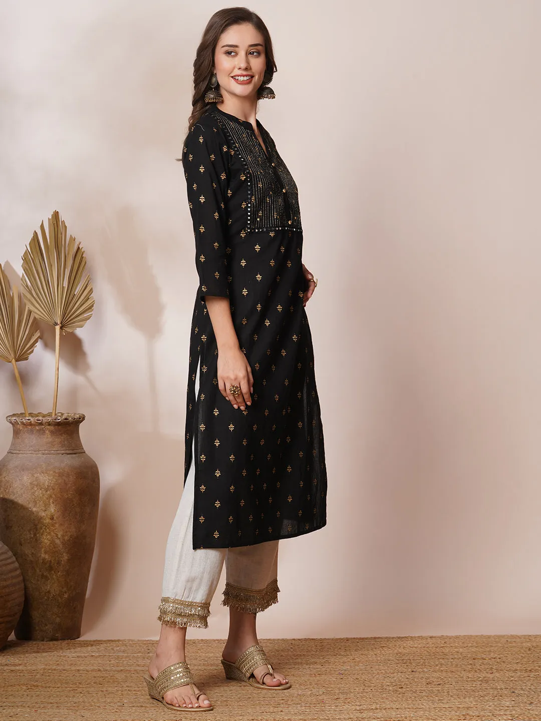 Ethnic Foil Printed & Embroidered Straight Fit Kurta - Black