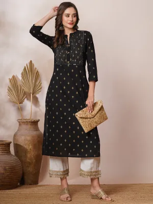 Ethnic Foil Printed & Embroidered Straight Fit Kurta - Black