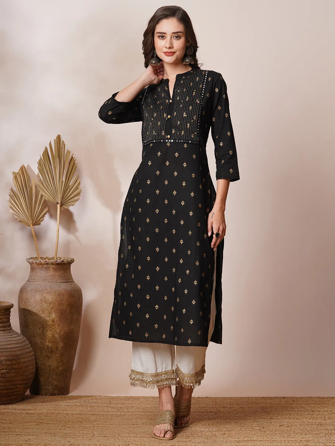 Ethnic Foil Printed & Embroidered Straight Fit Kurta - Black