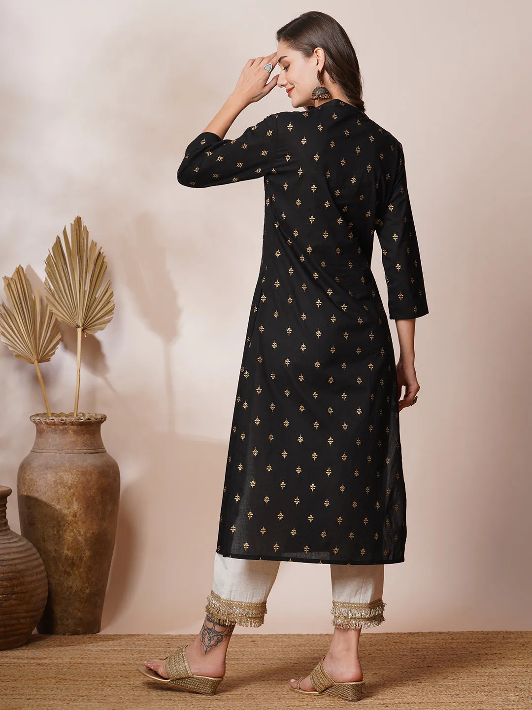 Ethnic Foil Printed & Embroidered Straight Fit Kurta - Black