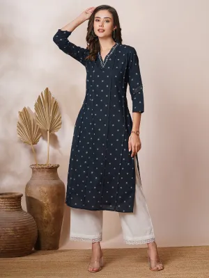 Ethnic Foil Printed & Embroidered Straight Fit Kurta - Navy Blue