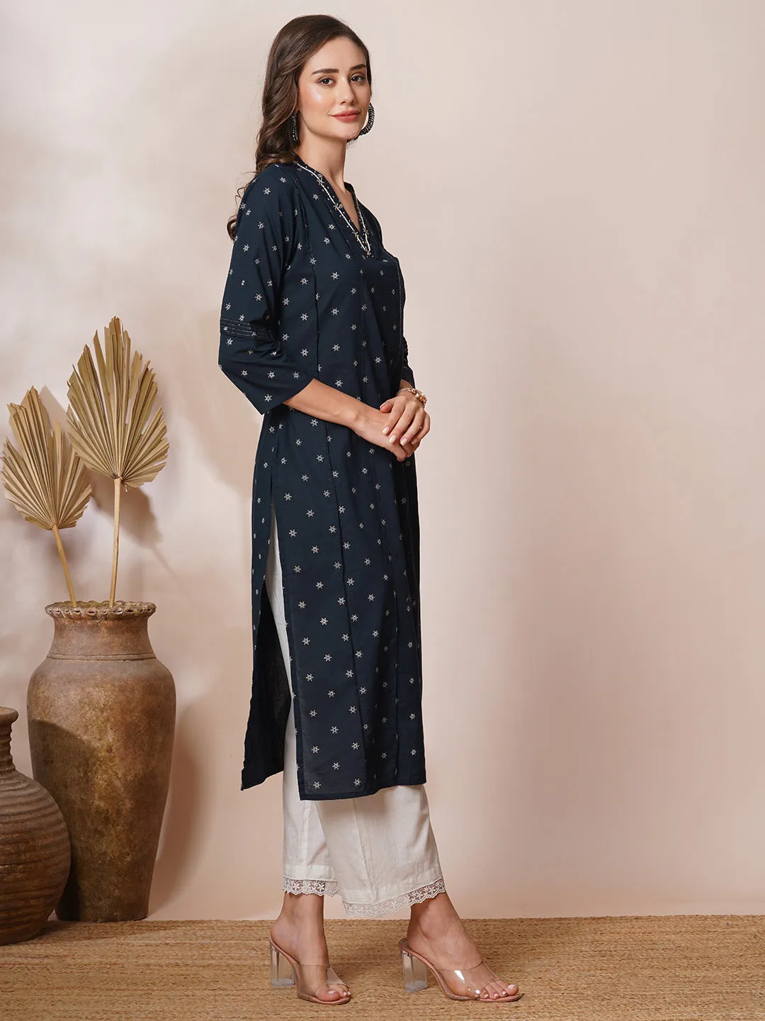 Ethnic Foil Printed & Embroidered Straight Fit Kurta - Navy Blue