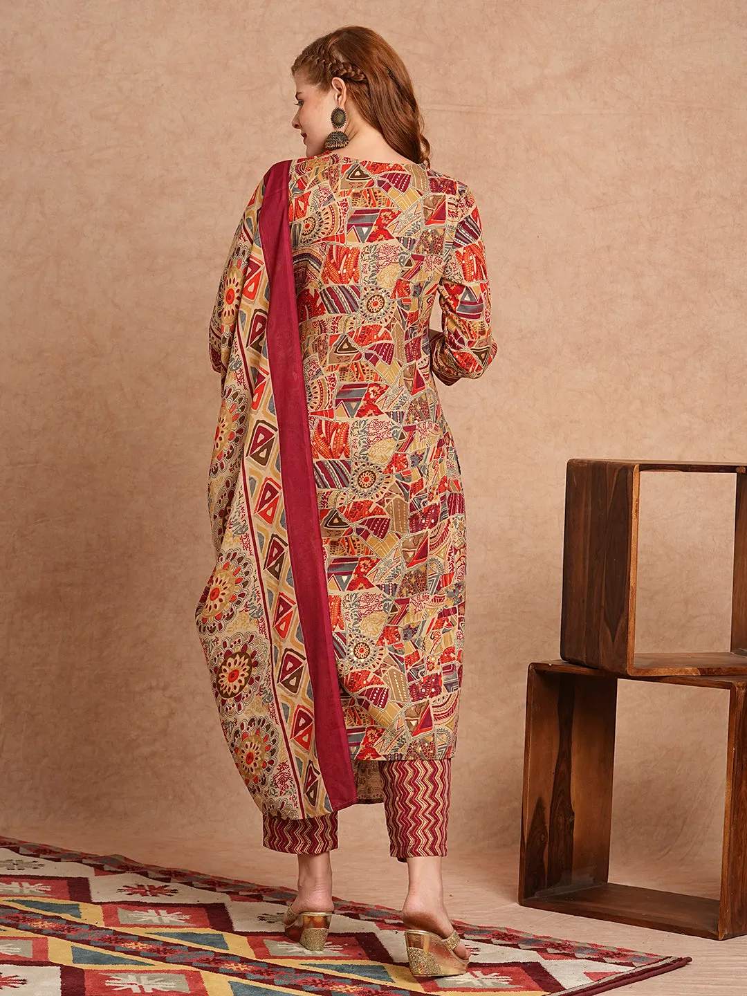 Ethnic Foil Printed & Embroidered Straight Kurta with Pant & Dupatta - Maroon