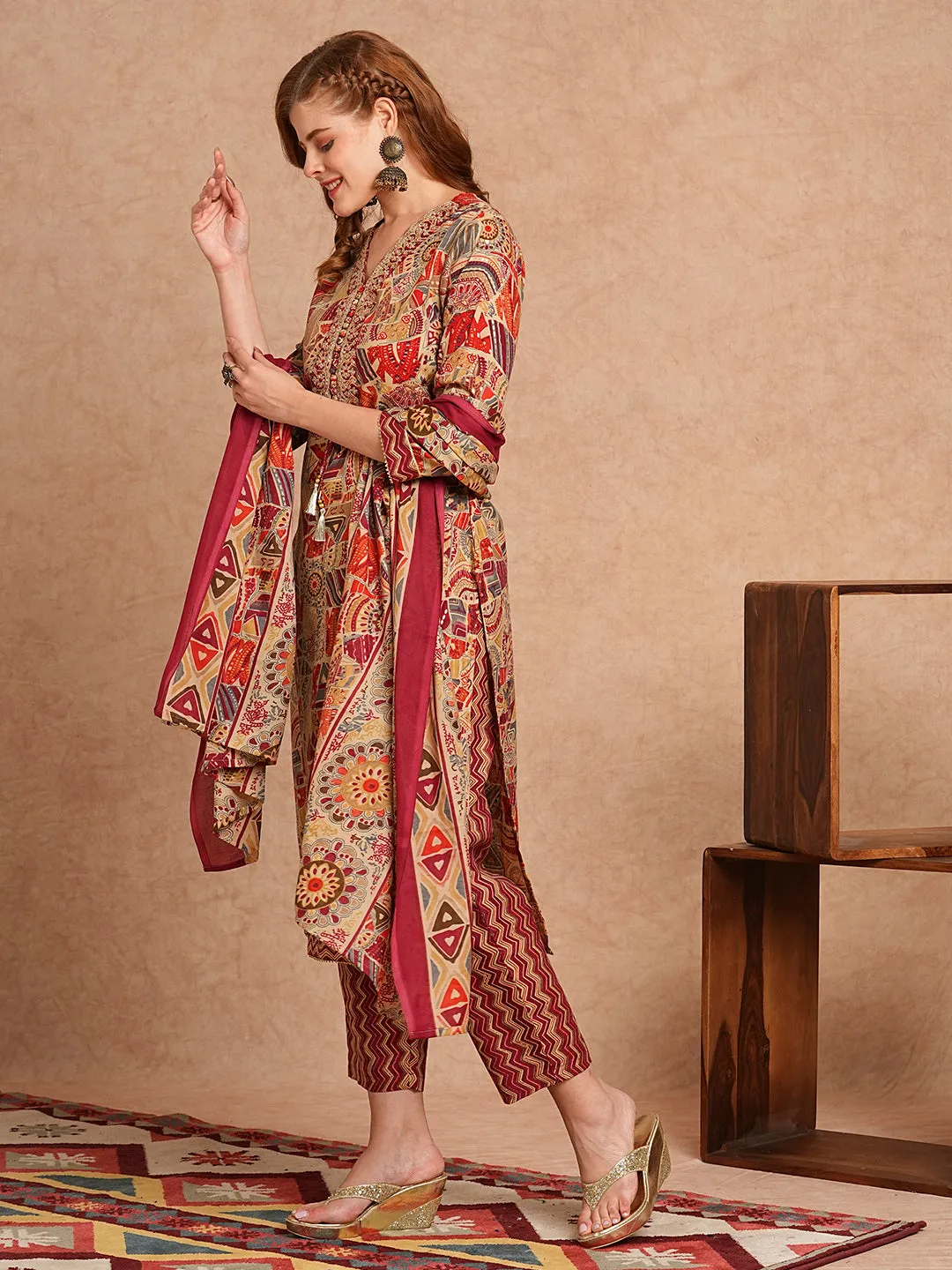 Ethnic Foil Printed & Embroidered Straight Kurta with Pant & Dupatta - Maroon